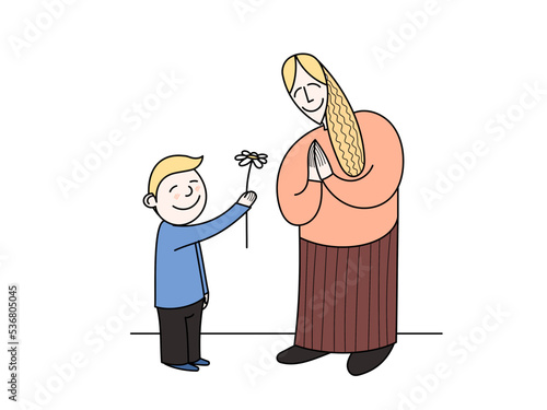 The son gives a flower to his mother. Mom is happy to receive a gift from her son and smiles in emotion. Flat graphic vector illustration isolated on white background.