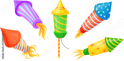 Cartoon fireworks rockets. Firework rocket christmas party pyrotechnics concept, explosion firecracker for 4th july festival petard with fuse xmas squib, neat vector illustration