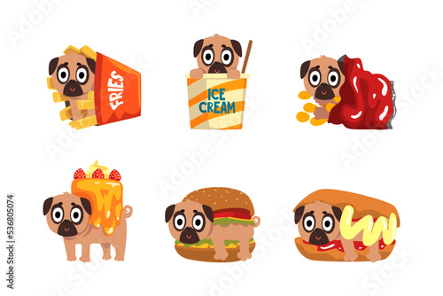 Cute Funny Pug Dog Character in Fast Food Ingredient Costume Vector Set