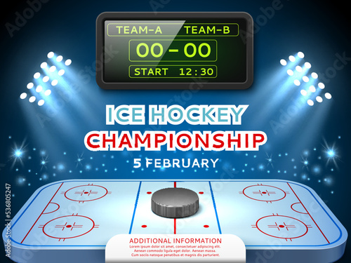 Ice hockey electronic scoreboard poster. Realistic ice rink with hockey puck, championship score, tournament banner, winter team game invitation with copy space. Utter vector concept