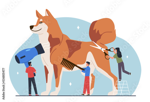 Pet grooming. Big dog with tiny people, groomers hold scissors, comb and hair dryer, hygiene and animal care, professional beauty for puppy, nowaday vector cartoon flat isolated concept
