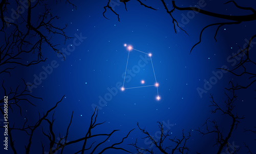   onstellation of Corvus. Stars on the blue night sky with silhouette of tree. Constellation scheme collection  