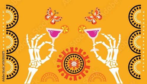 Dia de Los Muertos, Day of the Dead or Halloween greeting card,  banner, background. Sugar skulls, candle, maracas, guitar, sombrero,  marigold flowers, Сalavera la Catrina tradition skeleton decorati
