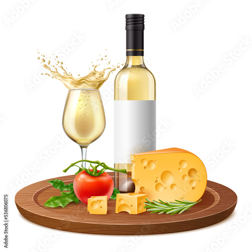 Realistic white wine and cheese. Products composition, alcohol beverage bottle on wooden cutting board, vegetables and greens, food and drink, 3d isolated elements, utter vector concept