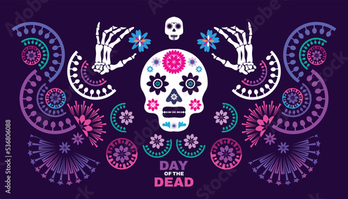 Dia de Los Muertos, Day of the Dead or Halloween greeting card,  banner, background. Sugar skulls, candle, maracas, guitar, sombrero,  marigold flowers, Сalavera la Catrina tradition skeleton decorati