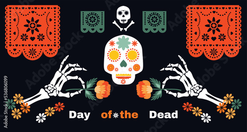 Dia de Los Muertos, Day of the Dead or Halloween greeting card,  banner, background. Sugar skulls, candle, maracas, guitar, sombrero,  marigold flowers, Сalavera la Catrina tradition skeleton decorati