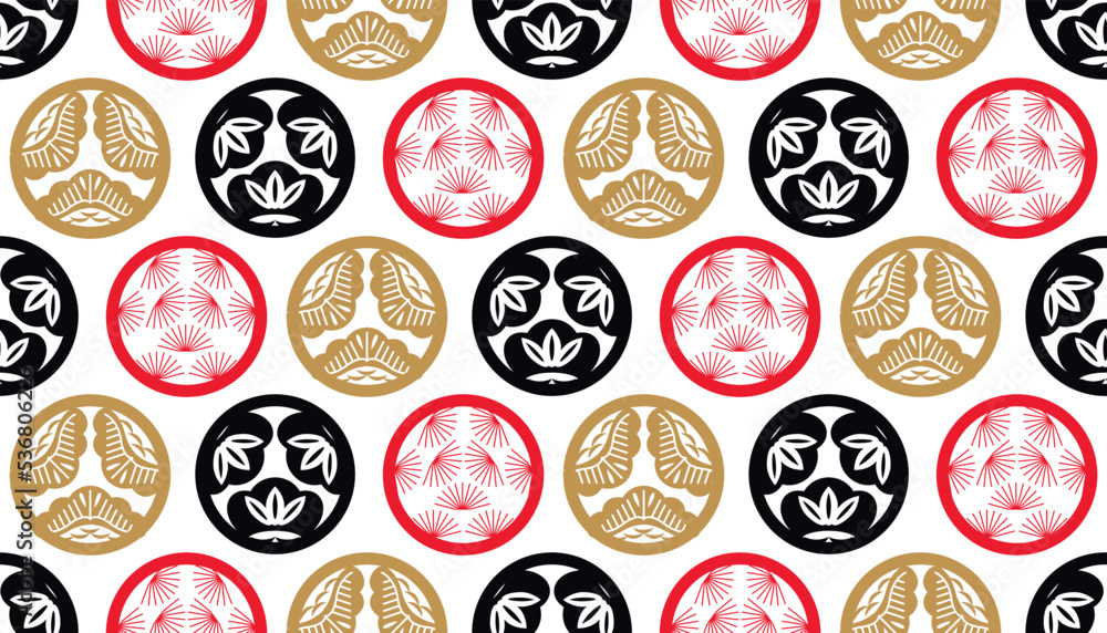 Beautiful japanese seamless pattern with clouds, waves, Daruma, plum, fan, sakura flower Vector template kimono asian texture. For printing on packaging, textiles, paper,fabric, manufacturing, wallpa Beautiful japanese seamless pattern with clouds, waves, Daruma, plum, fan, sakura flower Vector template kimono asian texture. For printing on packaging, textiles, paper,fabric, manufacturing, wallpa