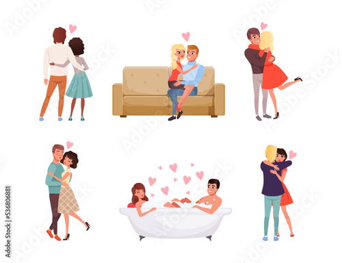 Loving Couples of Man and Woman Embracing, Sitting on Sofa, Bathing in Bathtub and Kissing Vector Set