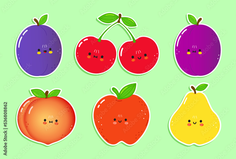 Cute happy fruit icons set. Vector hand drawn trendy cartoon character illustration. Set of fruits for a postcard, concept of a set of labels Cute happy fruit icons set. Vector hand drawn trendy cartoon character illustration. Set of fruits for a postcard, concept of a set of labels
