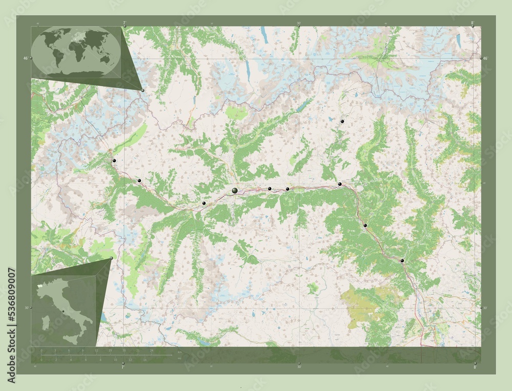 Fototapeta premium Valle d'Aosta, Italy. OSM. Major cities