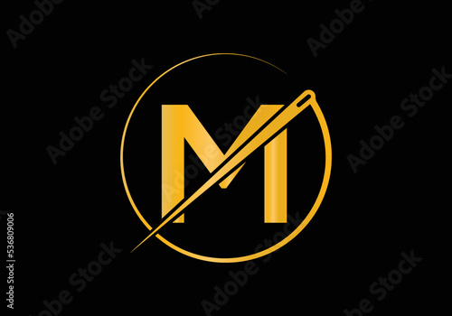Initial Letter M With Tailor Logo, Needle and Thread Combination for Embroidery, Textile, Fashion, Cloth, Fabric Template.