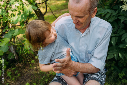 A little girl hugs her grandfather on a walk in the summer outdoors.  © Zhuravleva Katia
