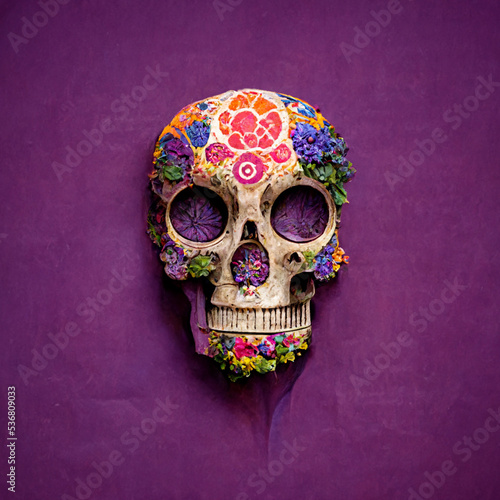 Ilustración, calavera decorada temática día de muertos con flores photo