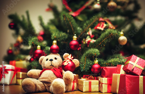 Oso de peluche con regalos y árbol de navidad de fondo