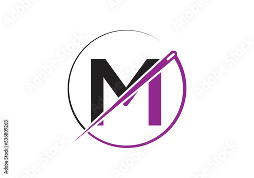 Initial Letter M With Tailor Logo, Needle and Thread Combination for Embroidery, Textile, Fashion, Cloth, Fabric Template.