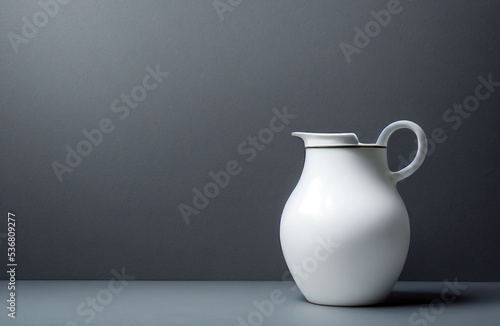 Conjunto de vasijas blancas sobre mesa blanca, fondo oscuro photo