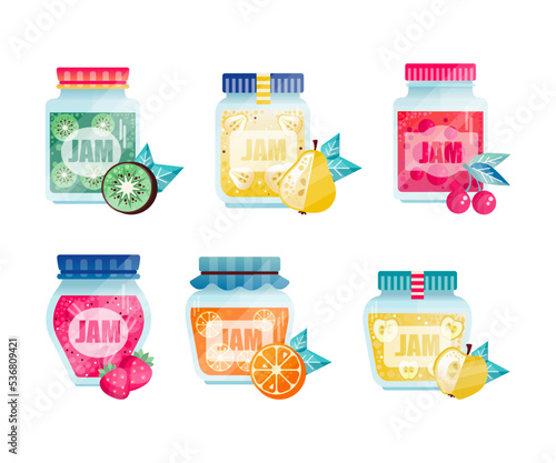 Jam or Marmalade as Fruit Preserve in Glass Jar Vector Set