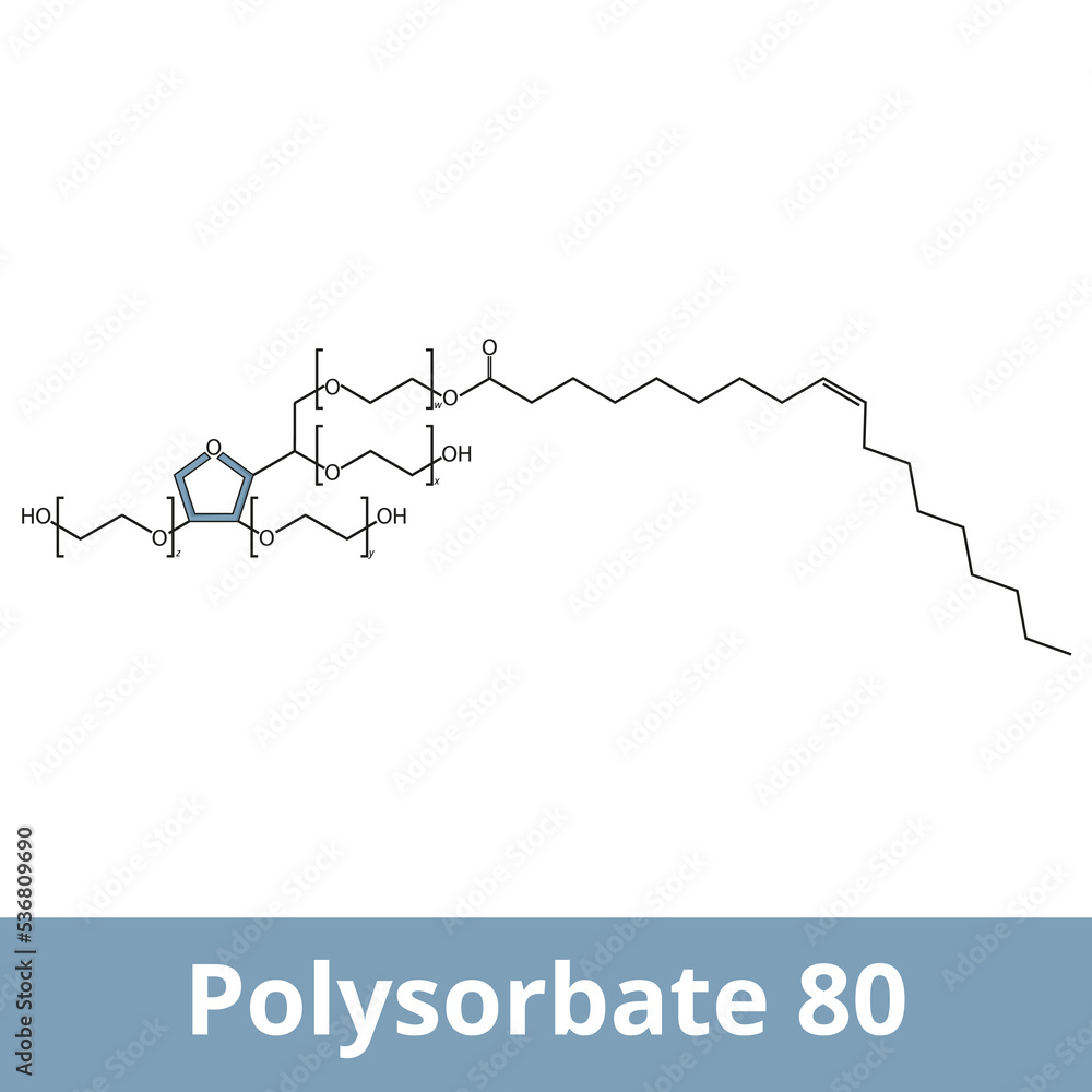Polysorbate 80. A nonionic surfactant and emulsifier often used in pharmaceuticals, foods, and cosmetics. Chemical structure.