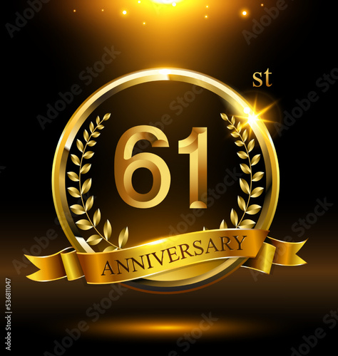 61st golden anniversary logo with ring and ribbon,wreath