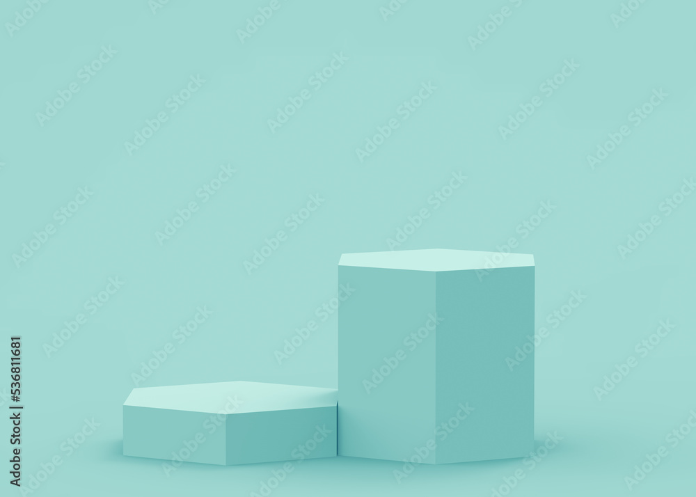 3d blue green hexagon podium minimal studio background. Abstract 3d geometric shape object illustration render. Display for technology medical and science product. 3d blue green hexagon podium minimal studio background. Abstract 3d geometric shape object illustration render. Display for technology medical and science product.