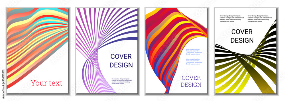 A set of 4 abstract covers. Wavy parallel gradient lines, ribbons evolve. Cover design, background. Trendy banner, poster. A set of 4 abstract covers. Wavy parallel gradient lines, ribbons evolve. Cover design, background. Trendy banner, poster.