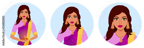 Avatar of an Indian woman wearing sari and carrying a lamp. Traditional outfit. Diwali