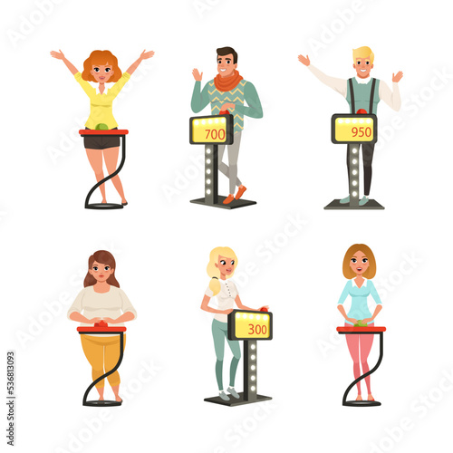 People Characters Participating in Panel Game on Television Standing In Front of Button Stand Answering Questions Vector Illustration Set photo
