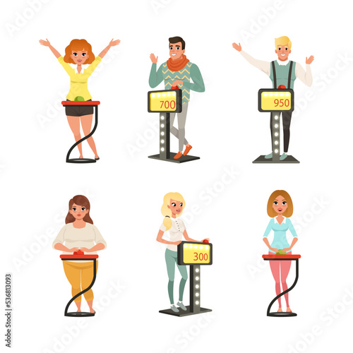 People Characters Participating in Panel Game on Television Standing In Front of Button Stand Answering Questions Vector Illustration Set
