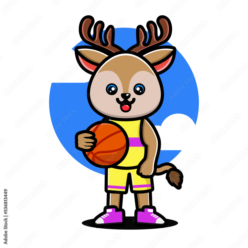 Happy cute deer playing basketball