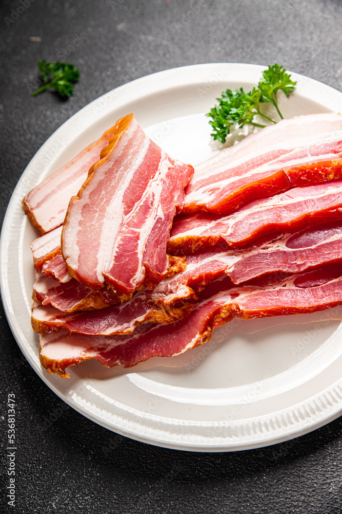 bacon slice pork strips lard smoked meat meal food snack on the table copy space food background