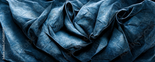 blue crumpled fabric, dark wrinkled fabric, background