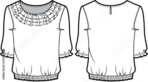 Fotografija Women gathered sleeve blouse with ruffle details design flat sketch fashion illu