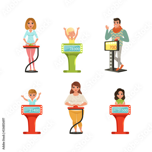 People Characters Participating in Panel Game on Television Standing In Front of Button Stand Answering Questions Vector Illustration Set photo