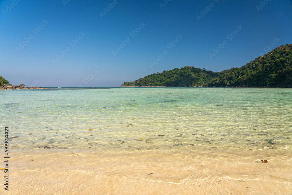 Beautiful Mai Ngam beach and shallow water coral reef in Surin island national park, Pang Nga, Thailand.