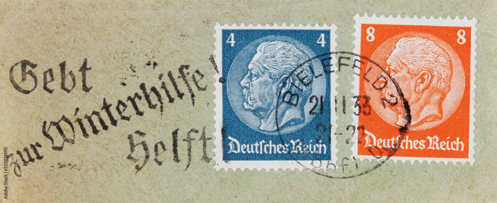 briefmarke stamp vintage retro used frankiert post letter mail stempel frankiert cancel winterhilfe slogan werbung bielefeld profile 4 deutsches reich 8