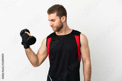 Handsome blonde man over isolated white background making weightlifting