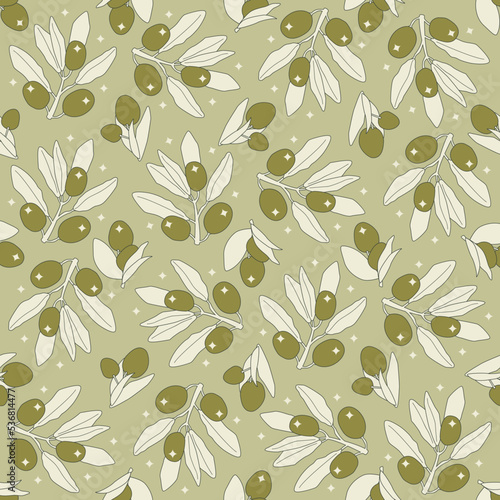 Cartoon seamless pattern of olive and leaves. Vector outline flat illustration