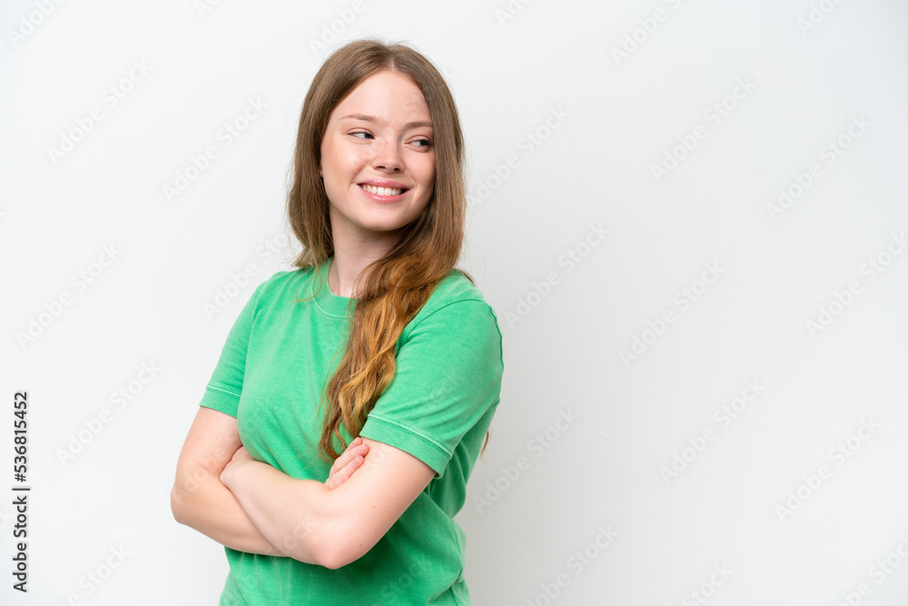 Young pretty woman isolated on white background with arms crossed and happy Young pretty woman isolated on white background with arms crossed and happy