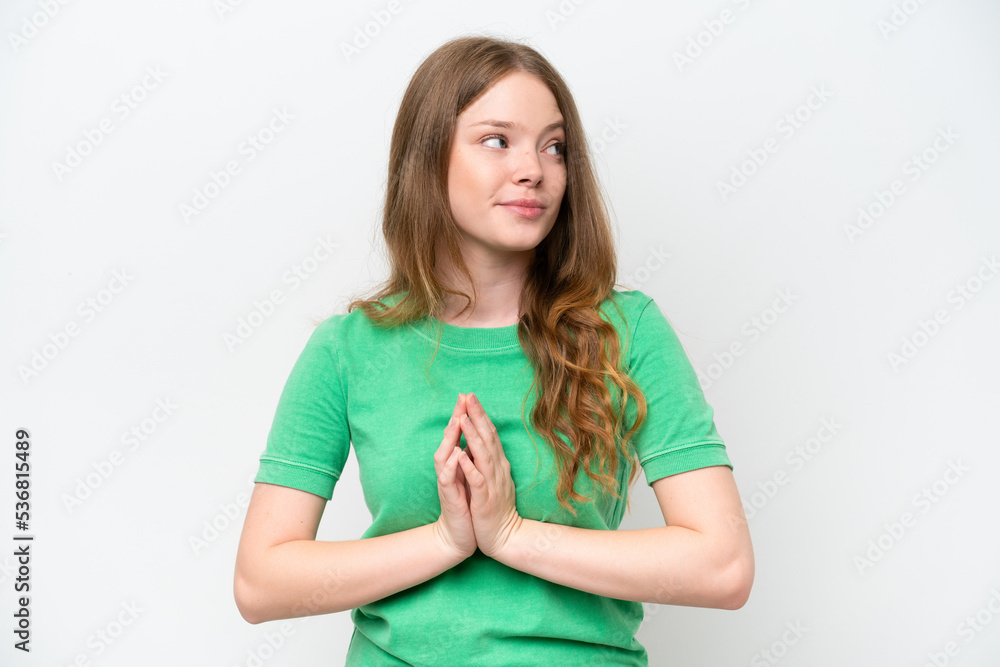 Young pretty woman isolated on white background scheming something Young pretty woman isolated on white background scheming something