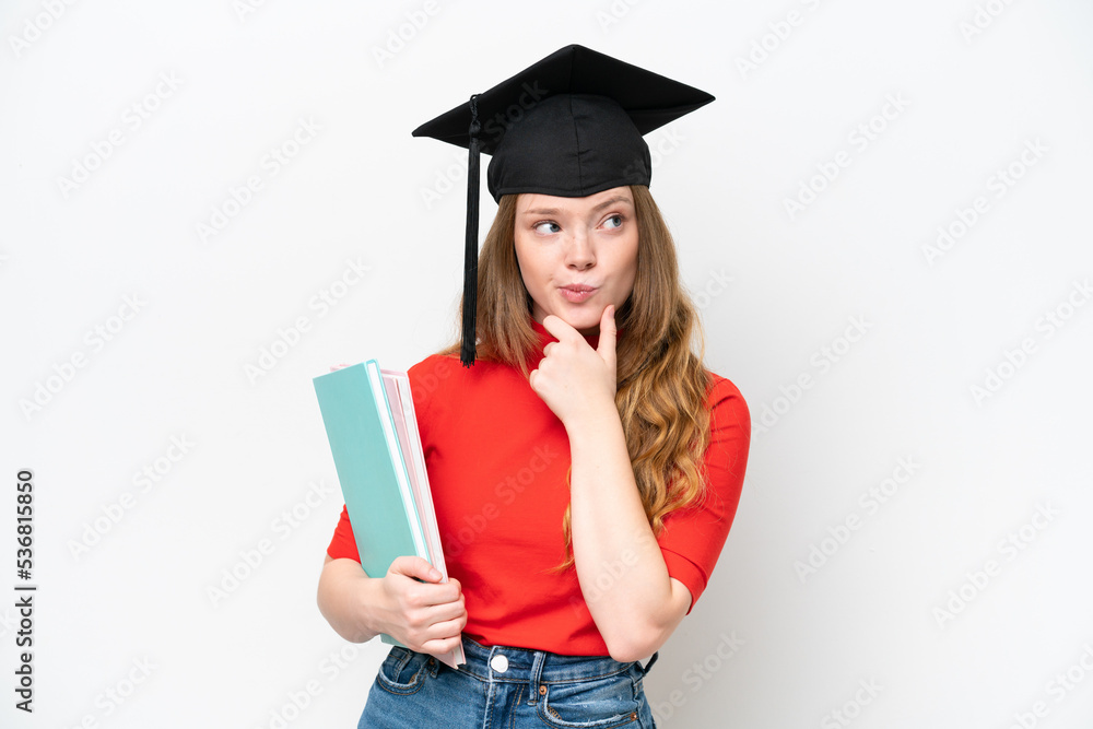 Young university graduate woman isolated on white background having doubts and thinking Young university graduate woman isolated on white background having doubts and thinking