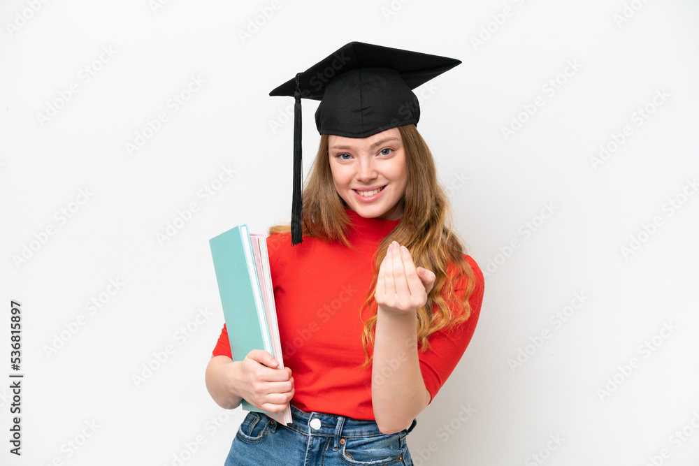 Young university graduate woman isolated on white background inviting to come with hand. Happy that you came Young university graduate woman isolated on white background inviting to come with hand. Happy that you came