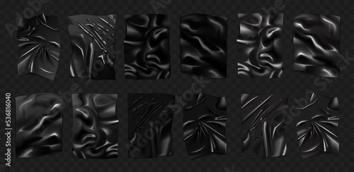 Black plastic set with wrinkles and creases on surface vector illustration. 3d realistic blank latex wrapping wrinkled paper sheet glued on wall, elastic crumpled material on transparent background