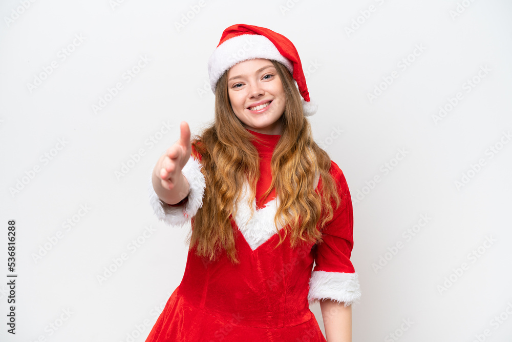 Young caucasian woman with Christmas dress isolated on white background shaking hands for closing a good deal Young caucasian woman with Christmas dress isolated on white background shaking hands for closing a good deal