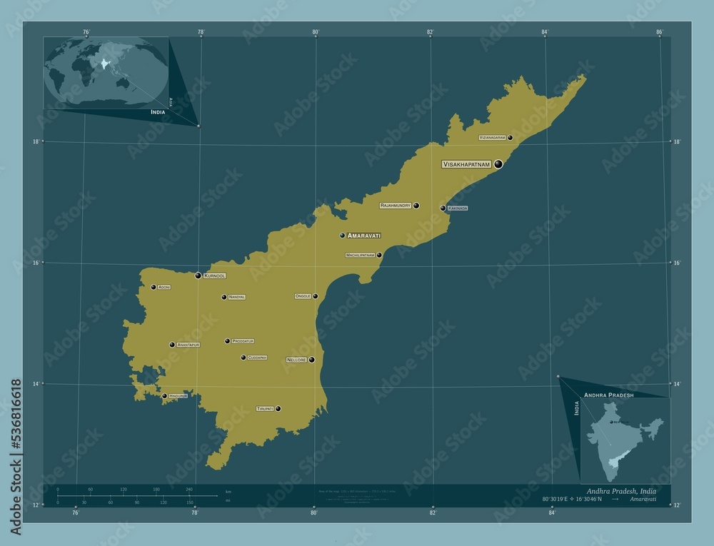 Andhra Pradesh, India. Solid. Labelled points of cities