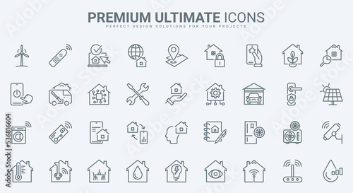 Smart home technology thin line icons set vector illustration. Outline automation of digital house system and wireless access to devices, light and temperature, energy power and appliances support