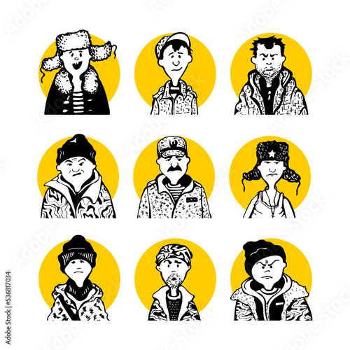 Collection of 22 comic faces and people characters in doodle style for avatars or icons in yellow circle. Soldiers or hunters in military uniform