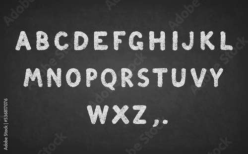 Font handwritten with white chalk on a black board. English letter on grunge background. Hand drawn typography. Text stamp. Vintage type for design print. Set of alphabet letters. Vector illustration