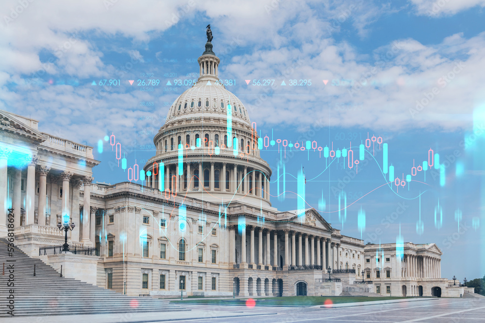 Capitol dome building exterior, Washington DC, USA. Home of Congress, Capitol Hill. American political system. Forex graph hologram. The concept of internet trading, brokerage and fundamental analysis