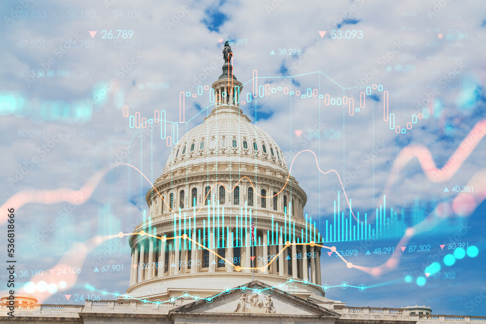 Capitol dome building exterior, Washington DC, USA. Home of Congress, Capitol Hill. American political system. Forex graph hologram. The concept of internet trading, brokerage and fundamental analysis - obrazy, fototapety, plakaty 