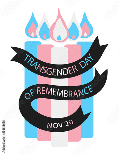 Transgender day of remembrance card vector illustration isolated on white background November 20 date. Burning candles of transgender flag colors and mourning tape with text